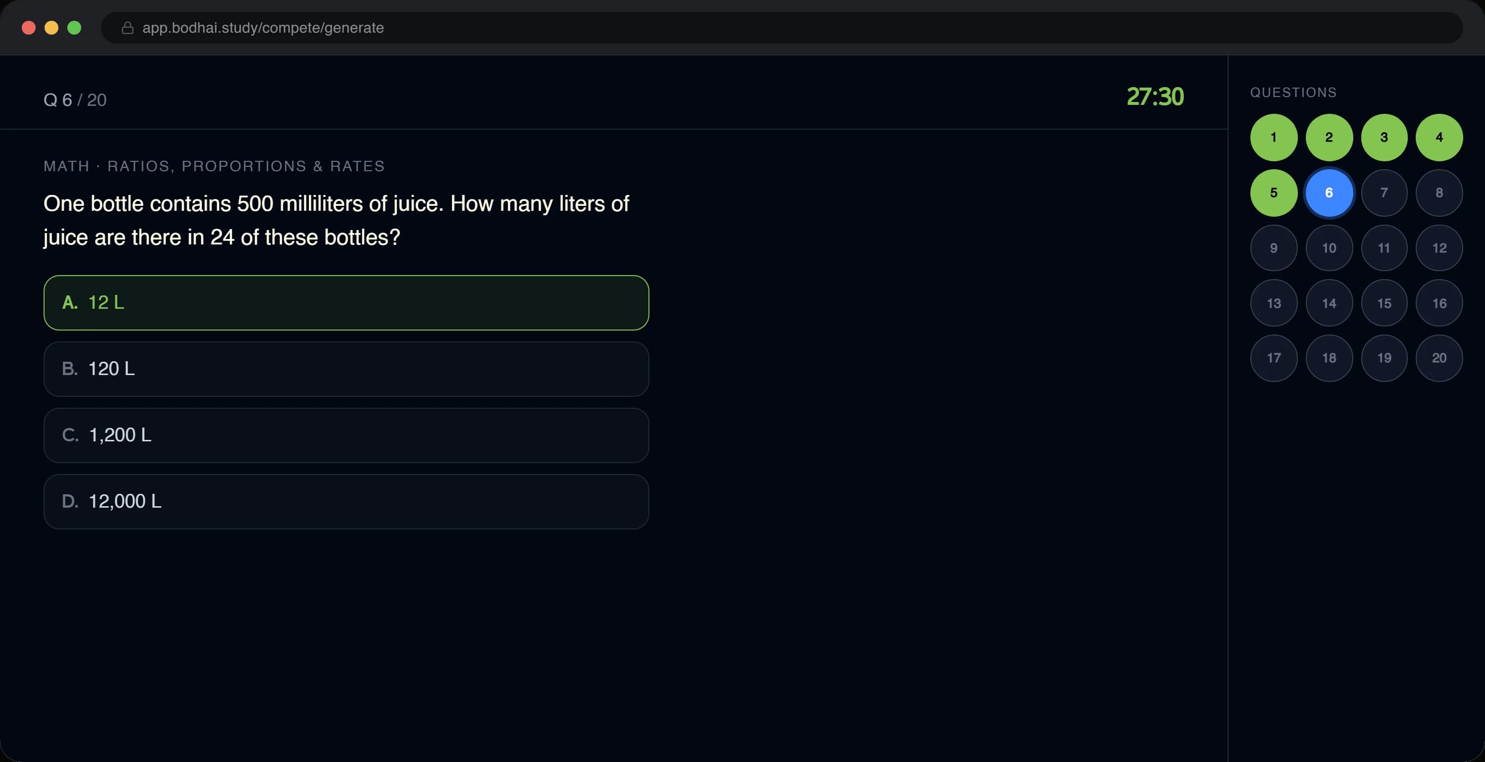 BodhAI generated mock test with timer and question navigator