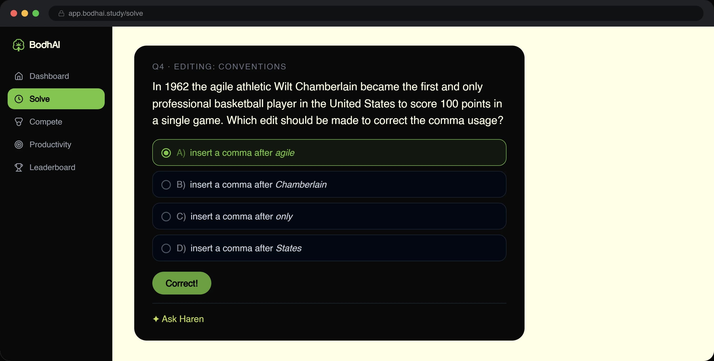 BodhAI Solve: a practice question with instant checking and Ask Haren