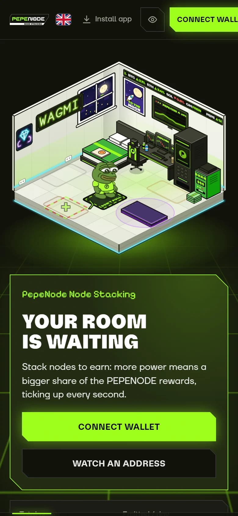 PepeNode mining room on a phone