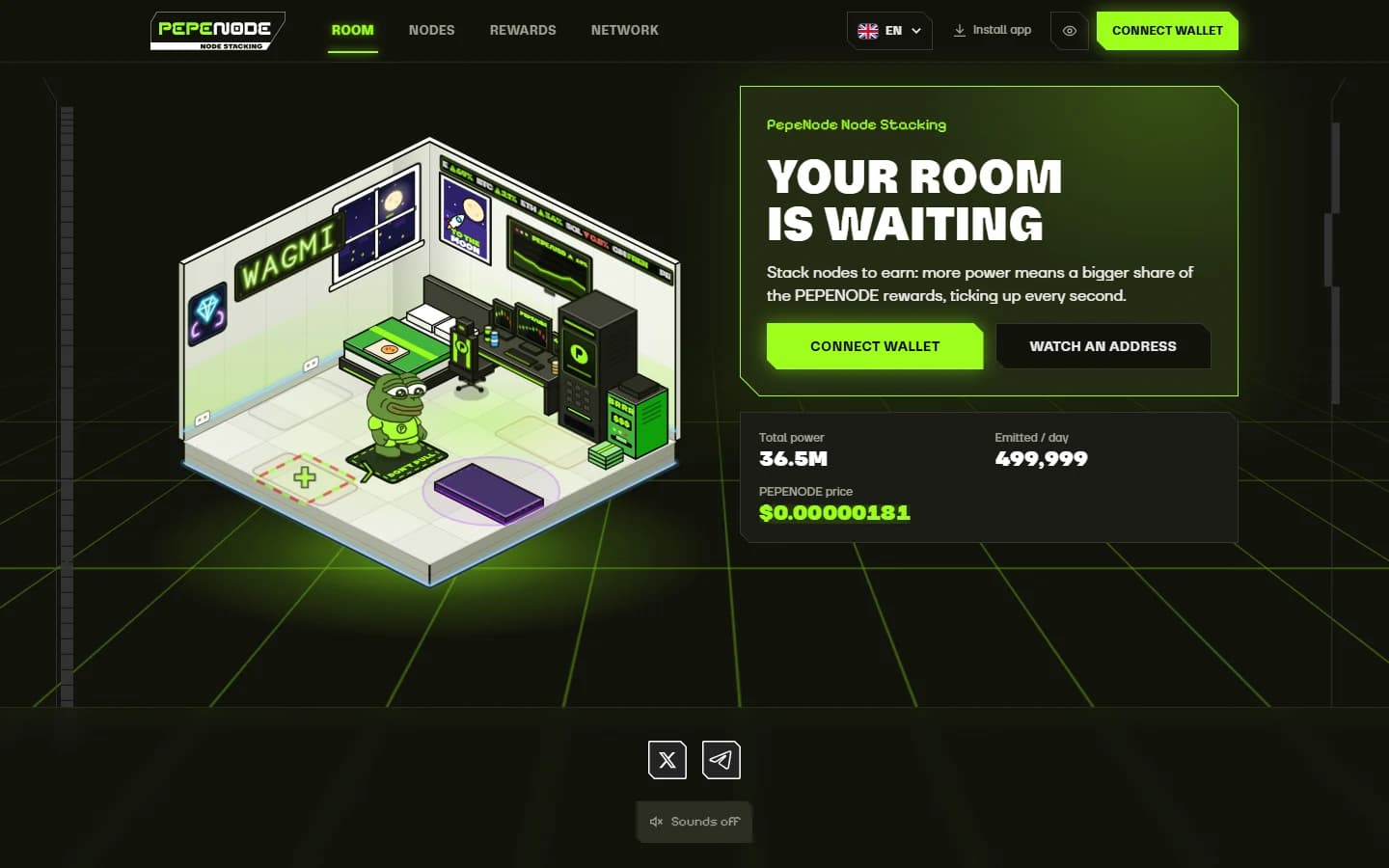 PepeNode isometric mining room with pixel Pepe